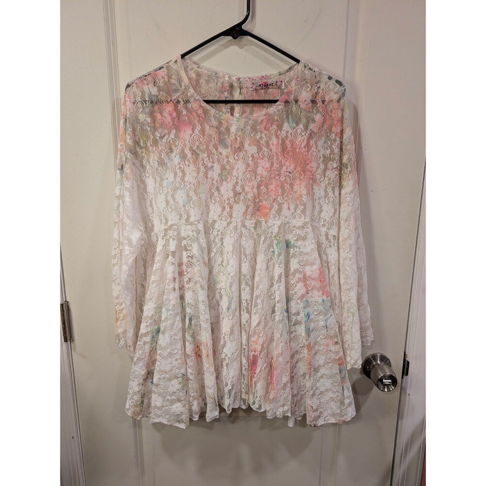 Women's Origami Sheer Lace Floral Long Sleeve Top White Pastels M/L